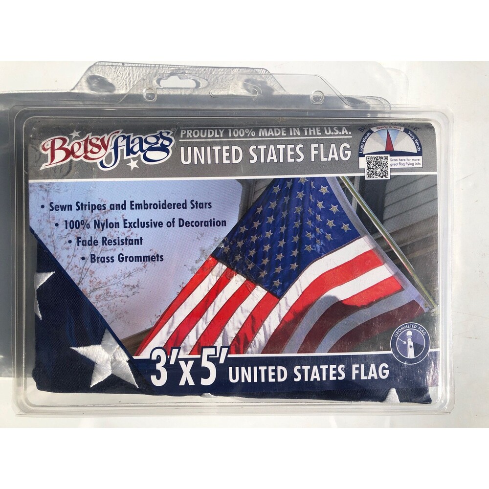 Betsy Flags United States Flag, 3'x5' ,Brass Grommets,  Nylon Sewn Embroidered